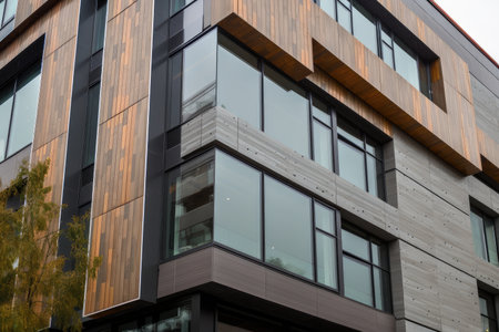 a sleek and modern building with a variety of materials, textures, and colors, created with generative aiの素材