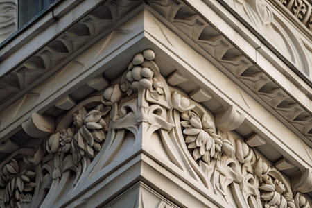 close-up, details of intricate stonework on the exterior of a building, created with generative aiの素材