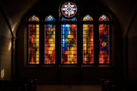 stained glass window with natural light filtering through, illuminating a prayer space, created with generative aiの素材