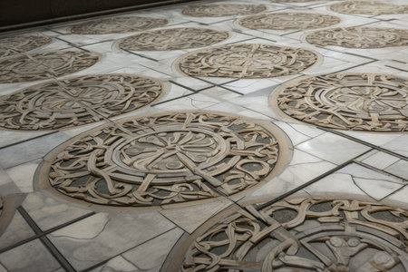 a close-up of an intricate pattern in the stone flooring, created with generative aiの素材
