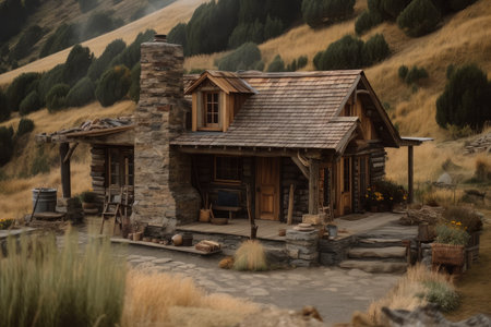 rustic cabin made of natural materials, including wood and stone, created with generative aiの素材