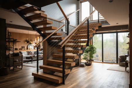 wooden staircase leading to an open and airy loft space, created with generative aiの素材