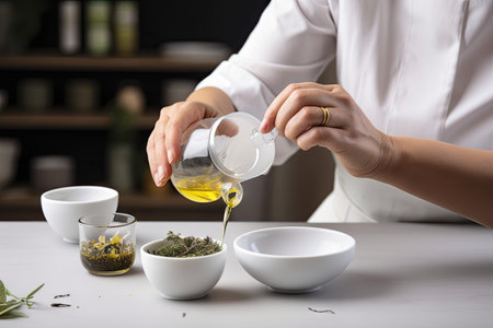 person, brewing cup of tea with aroma of essential oils and herbs, created with generative aiの素材