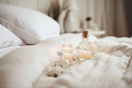 aromatherapy and essential oils on a bed of fluffy pillows, for a peaceful and relaxing atmosphere, created with generative aiの素材