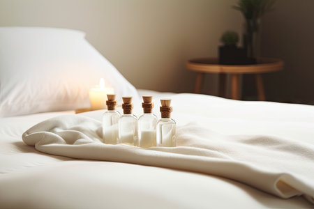 aromatherapy and essential oils on a bed of fluffy pillows, for a peaceful and relaxing atmosphere, created with generative aiの素材