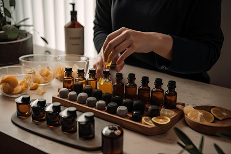 aromatherapist mixing essential oils and preparing the perfect blend for her client, created with generative aiの素材