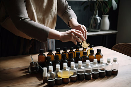 aromatherapist mixing essential oils and preparing the perfect blend for her client, created with generative aiの素材