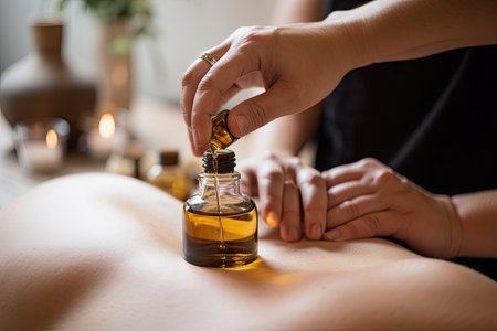 aromatherapy treatment for stress and anxiety, with the therapist applying oils to the clients back, created with generative aiの素材