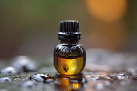 close-up of droplet of essential oil, surrounded by blurry background, created with generative aiの素材