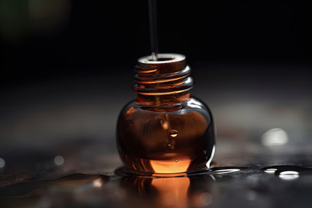 close-up of droplet of essential oil, surrounded by blurry background, created with generative aiの素材