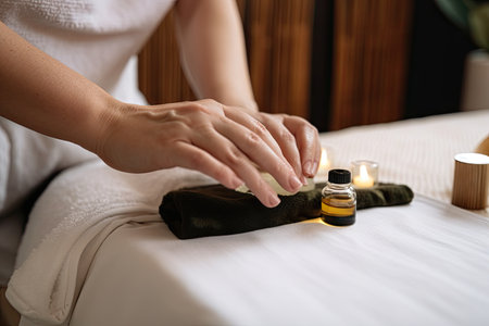 person, applying warm towel and essential oils for relaxing hot stone massage, created with generative aiの素材