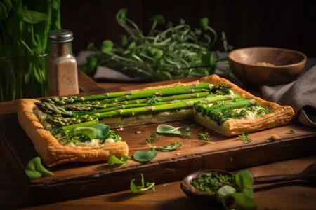 asparagus tart on rustic wooden plate, with microgreens and finishing salt, created with generative aiの素材