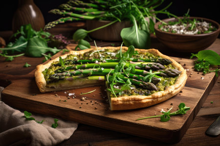 asparagus tart on rustic wooden plate, with microgreens and finishing salt, created with generative aiの素材