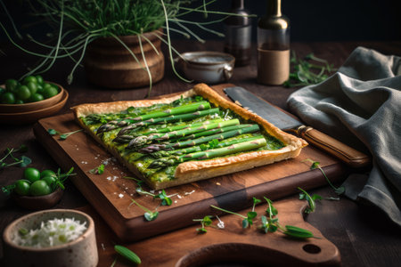 asparagus tart on rustic wooden plate, with microgreens and finishing salt, created with generative aiの素材