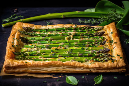 asparagus tart, with lattice top and sprinkle of fresh herbs, created with generative aiの素材
