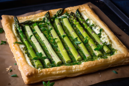 asparagus tart, with lattice top and sprinkle of fresh herbs, created with generative aiの素材