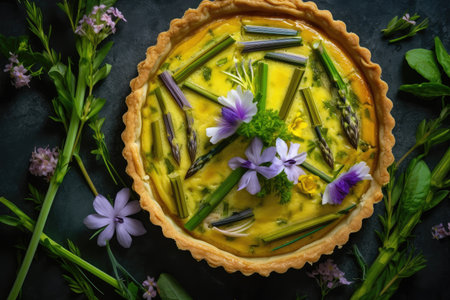 asparagus tart topped with delicate flower petals and a sprinkling of herbs, created with generative aiの素材