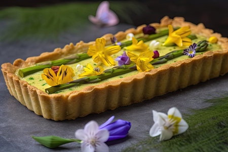 asparagus tart topped with delicate flower petals and a sprinkling of herbs, created with generative aiの素材