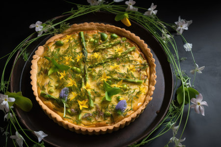 asparagus tart topped with delicate flower petals and a sprinkling of herbs, created with generative aiの素材