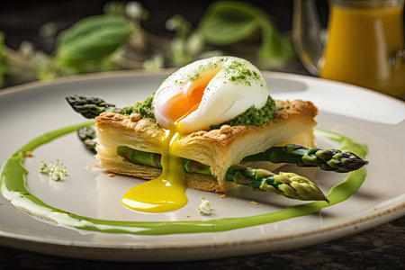 asparagus tart with poached eggs and hollandaise sauce, created with generative aiの素材