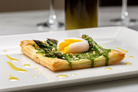 asparagus tart with poached eggs and hollandaise sauce, created with generative aiの素材