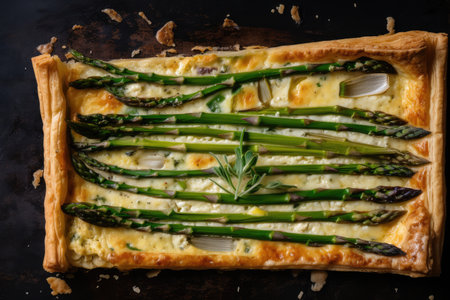 asparagus tart with flaky crust, creamy custard and salty cheese, created with generative aiの素材