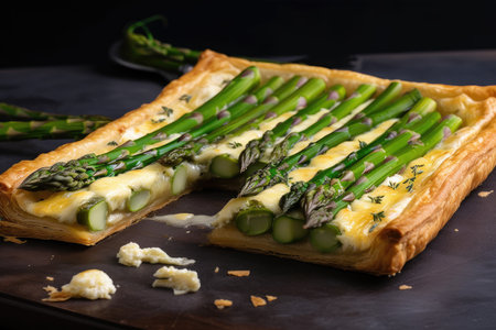 asparagus tart with flaky crust, creamy custard and salty cheese, created with generative aiの素材