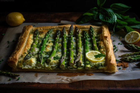 asparagus tart with flaky pastry and lemon zest, created with generative aiの素材