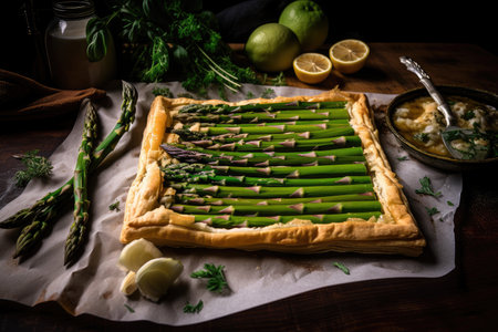 asparagus tart with flaky pastry and lemon zest, created with generative aiの素材