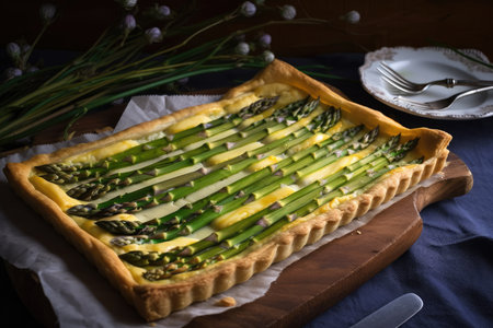 asparagus tart with silky smooth custard filling, created with generative aiの素材