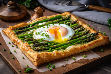 asparagus tart with a lattice crust, topped with a poached egg, created with generative aiの素材