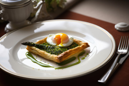asparagus tart with a lattice crust, topped with a poached egg, created with generative aiの素材