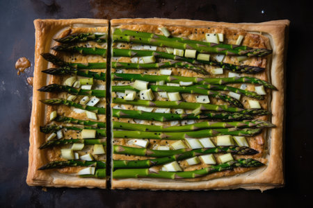asparagus tart with scallions and toasted sesame seeds on top, created with generative aiの素材