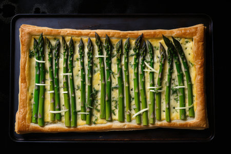 asparagus tart on black plate, with olive oil drizzle & sprinkle of salt, created with generative aiの素材