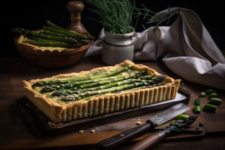 asparagus tart with flaky pastry crust and smooth custard filling, created with generative aiの素材