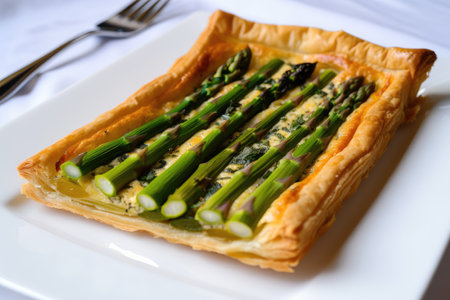 asparagus tart on white plate, with green asparagus and gold flake accents, created with generative aiの素材