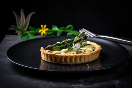 asparagus tart on black plate, with white accents, created with generative aiの素材