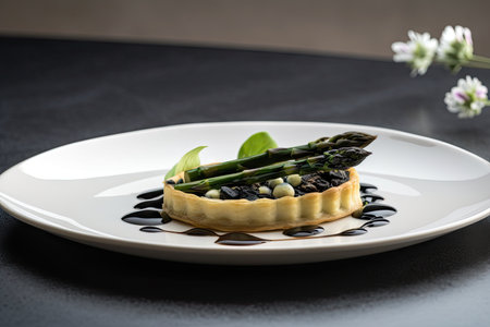 asparagus tart on white plate, with black and white details for a striking presentation, created with generative aiの素材