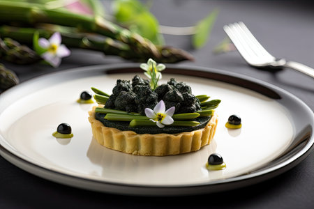 asparagus tart on white plate, with black and white details for a striking presentation, created with generative aiの素材