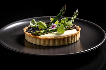 asparagus tart on white plate, with black and white details for a striking presentation, created with generative aiの素材