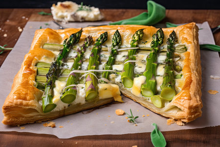 asparagus tart with flaky puff pastry and melted cheese, created with generative aiの素材