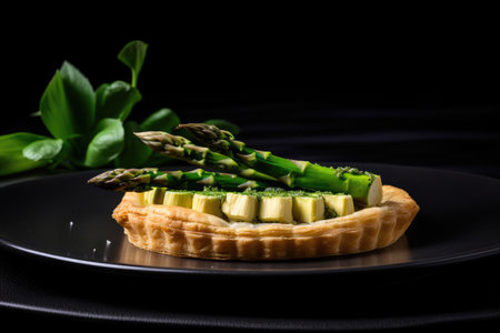 asparagus tart on white plate with black background, created with generative aiの素材