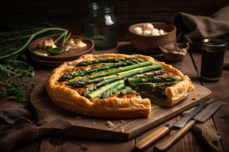 asparagus tart on rustic wooden board, created with generative aiの素材