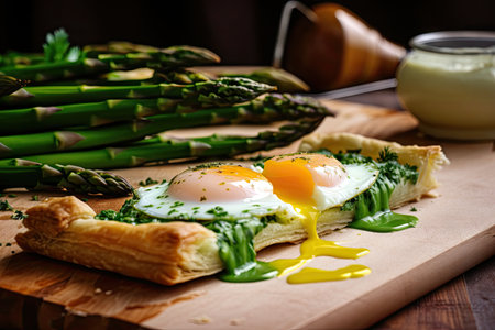 asparagus tart with poached egg and hollandaise sauce, created with generative aiの素材