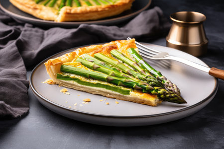 plate of asparagus tart, with flaky crust and fresh green asparagus, created with generative aiの素材