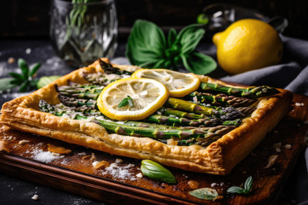 asparagus tart, dusted with powdered sugar and garnished with lemon slice, created with generative aiの素材