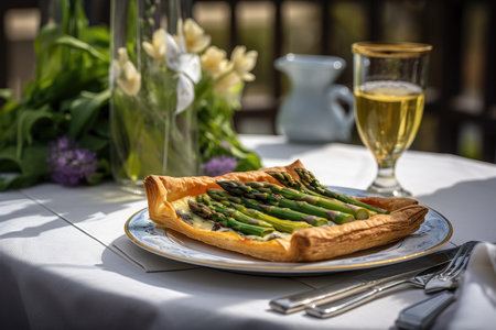 asparagus tart served at charming bistro table for a romantic, alfresco meal, created with generative aiの素材