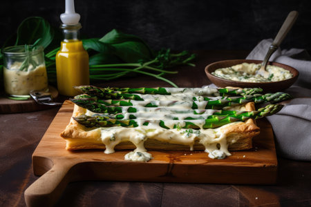asparagus tart with flaky pastry crust, topped with creamy sauce and asparagus spears, created with generative aiの素材