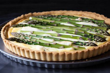 asparagus tart with creamy filling, topped with delicate pastry crust, created with generative aiの素材