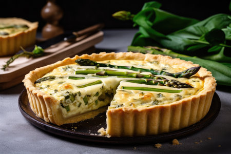 asparagus tart with creamy filling, topped with delicate pastry crust, created with generative aiの素材
